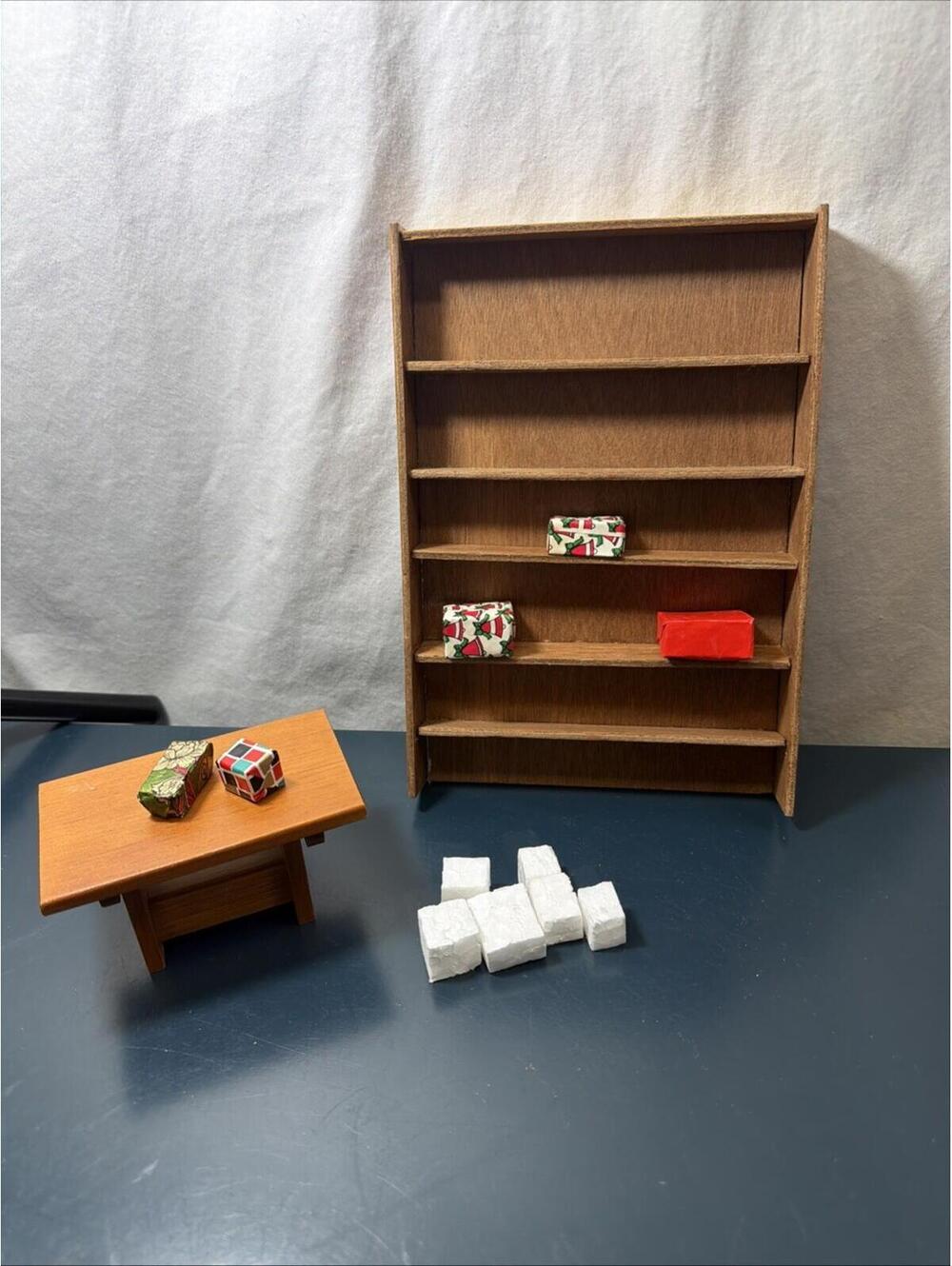 Miniature Dollhouse Shelf Balsa Wood And Flip Top Table/ Bench 1:12 Scale Maple?